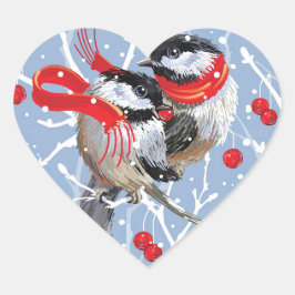 Pegatina En Forma De Corazón Cuddling Chickadees ama a los Navidades