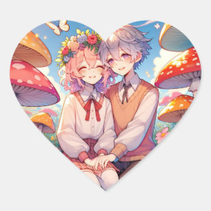 Pegatina En Forma De Corazón Cuidada Pareja Anime Whimsical Romántica