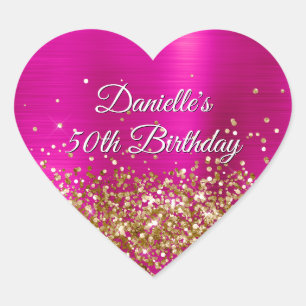 Pegatina En Forma De Corazón Cumpleaños 50 Glitter Rosa Brillante Foil Dorado