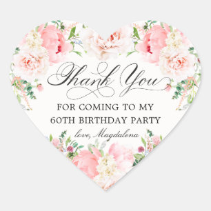 Pegatina En Forma De Corazón Cumpleaños 60: Favor de agradecimiento floral rosa