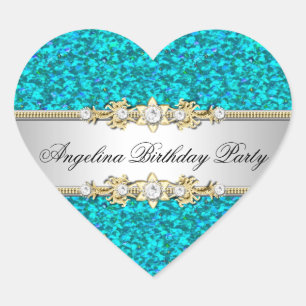 Pegatina En Forma De Corazón Cumpleaños Glitter Turquesa Fiesta Dorado Joya Dia