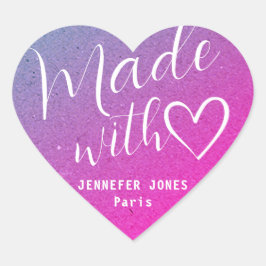 Pegatina En Forma De Corazón Cute hecho con amor Calligrafía del corazón Púrpur