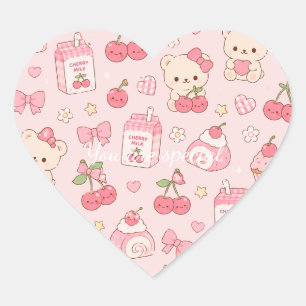 Pegatina En Forma De Corazón Cute Kawaii Bear Cherry Pattern   Pink Pastel 