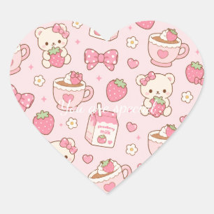 Pegatina En Forma De Corazón Cute Kawaii Bear Strawberry Tea Pattern Pink