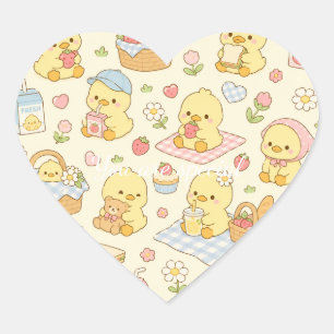 Pegatina En Forma De Corazón Cute Kawaii Chick Picnic Pattern Pastel Spring