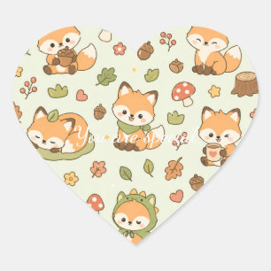 Pegatina En Forma De Corazón Cute Kawaii Fox Woodland Pattern Autumn Forest