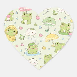 Pegatina En Forma De Corazón Cute Kawaii Frog Pattern Green Pastel