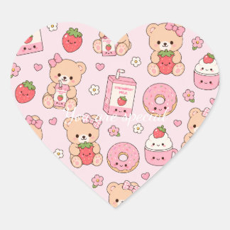 Pegatina En Forma De Corazón Cute Kawaii Strawberry Teddy Bear Pattern | Pink 