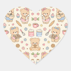 Pegatina En Forma De Corazón Cute Kawaii Teddy Bear Baking Pattern Cozy Kitch