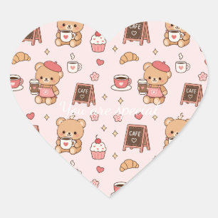 Pegatina En Forma De Corazón Cute Kawaii Teddy Bear Coffee Shop Pattern   Cozy 