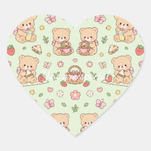 Pegatina En Forma De Corazón Cute Kawaii Teddy Bear Strawberry Picnic Pattern
