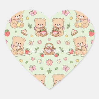 Pegatina En Forma De Corazón Cute Kawaii Teddy Bear Strawberry Picnic Pattern 