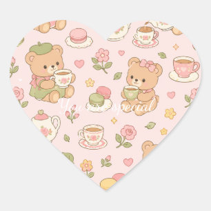 Pegatina En Forma De Corazón Cute Kawaii Teddy Bear Tea Party Pattern   Pastel 