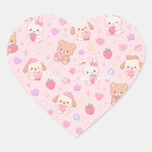 Pegatina En Forma De Corazón Cute Kawaii Teddy Bears & Strawberries Pattern 