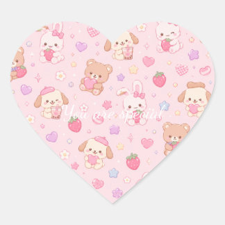Pegatina En Forma De Corazón Cute Kawaii Teddy Bears & Strawberries Pattern 
