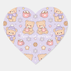 Pegatina En Forma De Corazón Cute Kawaii Winter Teddy Bear Pattern Purple