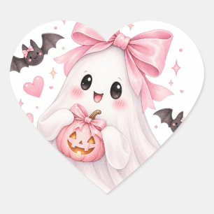Pegatina En Forma De Corazón Cute Pink Bow Fantasma Halloween Sticker