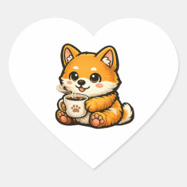 Pegatina En Forma De Corazón Cute Shiba Inu con Café – Ilustración de Perro Aco