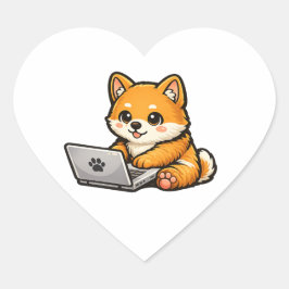Pegatina En Forma De Corazón Cute Shiba Inu with Laptop – Cozy Dog Illustration