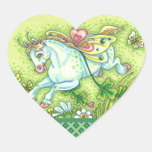 PEGATINA EN FORMA DE CORAZÓN CUTE ST. PATRICK'S DAY FLYING IRISH PONY, FAIRY