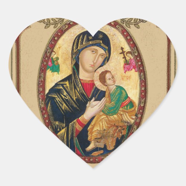 Pegatina En Forma De Corazón Dama Católica de Icono Perpetuo Bizantino (Anverso)