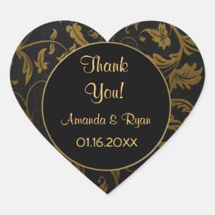 Pegatina En Forma De Corazón Damasco de oro y negro - Gracias - Personalizar