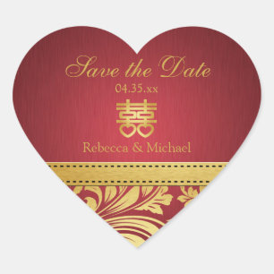 Pegatina En Forma De Corazón Damasco rojo y oro, corazón chino de doble felicid