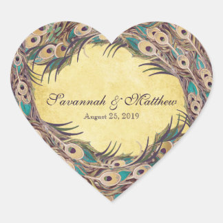Pegatina En Forma De Corazón Damask Peacock Elegance Eggplant Gold y Aqua