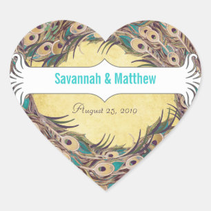 Pegatina En Forma De Corazón Damask Peacock Elegance Eggplant Gold y Aqua