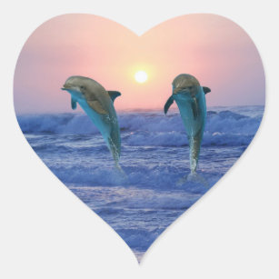 Pegatina En Forma De Corazón Delfines al amanecer