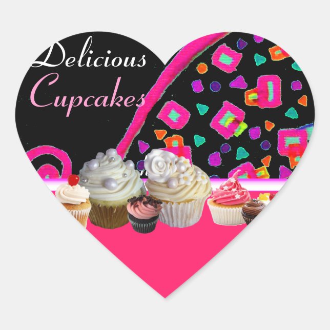 PEGATINA EN FORMA DE CORAZÓN DELICIOSOS CUPCAKES DE CUMPLEAÑOS (Anverso)