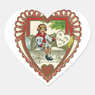Pegatina En Forma De Corazón Día de San Valentín Victoriano Antiguo, Niño en Co