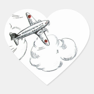 Pegatina En Forma De Corazón Dibujo blanco y negro del aeroplano del vintage