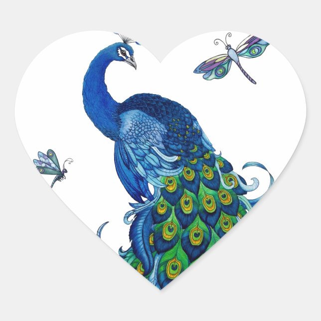 Pegatina En Forma De Corazón Diseño clásico de pavo real y libélula (Anverso)