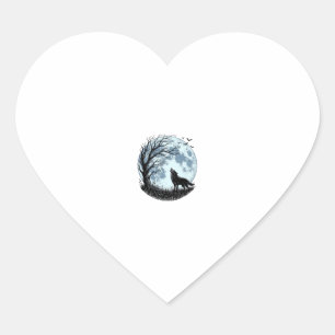 Pegatina En Forma De Corazón Diseño de silueta de árbol de luna aullando lobo v
