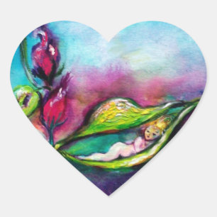 PEGATINA EN FORMA DE CORAZÓN DORMIR DE THUMBELINA ENTRE HOJAS ROSAS