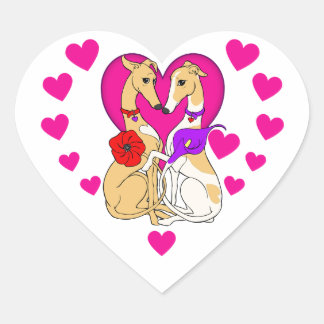 Pegatina En Forma De Corazón Dos Greyhounds de corazón rosado y flores