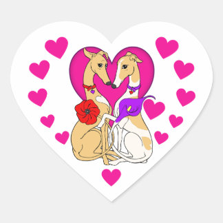 Pegatina En Forma De Corazón Dos Greyhounds de corazón rosado y flores