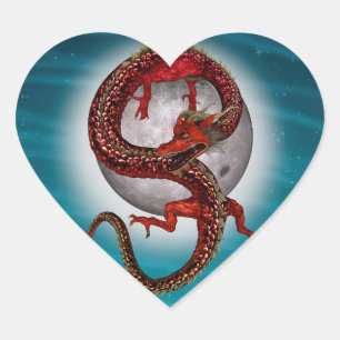 Pegatina En Forma De Corazón Dragón de Luna Roja Arte de Fantasía Celestial