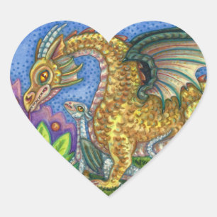 PEGATINA EN FORMA DE CORAZÓN DRAGÓN MEDIEVAL Y JÓVENES, COLORIDOS JARDÍN DE ART