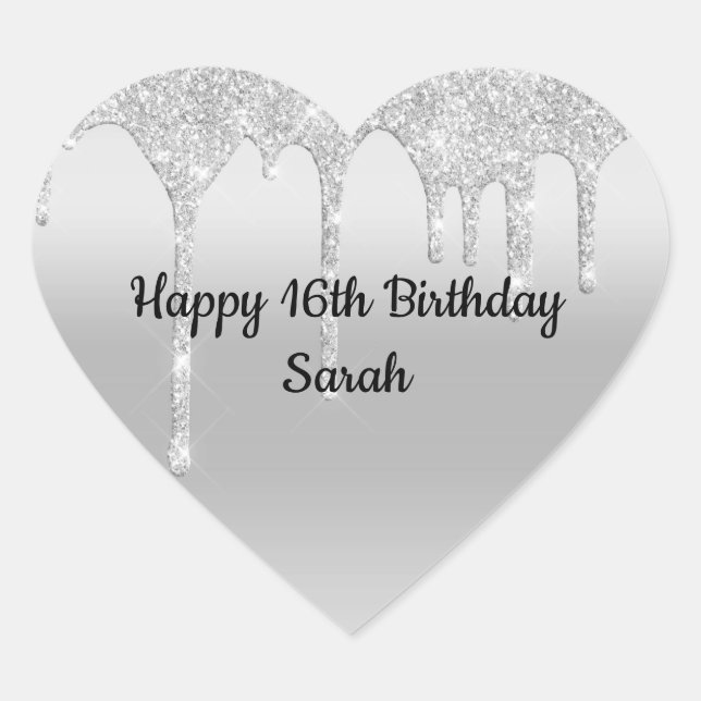 Pegatina En Forma De Corazón Dripping Glitter Plata Cumpleaños Personalizado (Anverso)