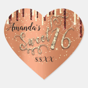 Pegatina En Forma De Corazón Dulce 16º Purpurina del corazón Oro Borgoña Perfor