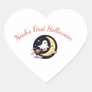 Pegatina En Forma De Corazón Dulce Fantasmita Volando en Escoba con Luna Crecie