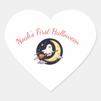 Pegatina En Forma De Corazón Dulce Fantasmita Volando en Escoba con Luna Crecie