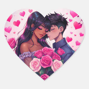 Pegatina En Forma De Corazón El día de San Valentín de anime biracial