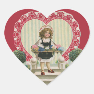 Pegatina En Forma De Corazón El día de San Valentín Vintage Cute, Chica con flo