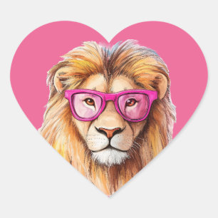 Pegatina En Forma De Corazón El león con fondo rosado de gafas
