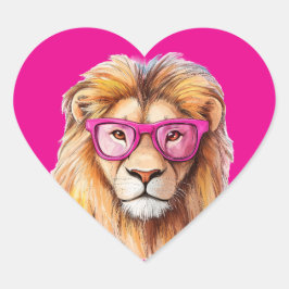 Pegatina En Forma De Corazón El león con lentes rosados fondo rosado oscuro