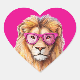 Pegatina En Forma De Corazón El león con lentes rosados fondo rosado oscuro