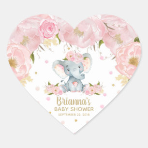 Pegatina En Forma De Corazón Elefante lindo floral rosado Baby Shower